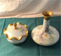 Hand Painted Porcelain Vase And Jar w/ Lid