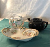 Crackle Glass Vase, German Bowl, And Teapot