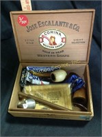 Wood Cigar Box w/ Pipes and Supplies