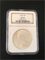 Peace Silver dollar 1923 graded MS 63