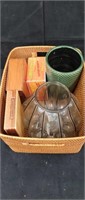 Basket with vases, wooden boxes etc
