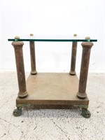 Brass with glass-top claw foot table approx 21" x