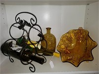 WINE RACK, AMBER BOTTLE, AMBER RUFFLED BOWL