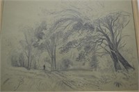 AMERICAN SCHOOL LANDSCAPE DRAWING SIGNED