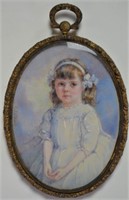 ANTIQUE MINIATURE PAINTING GIRL GILT FRAME SIGNED
