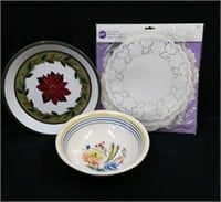 CERAMIC BOWL FROM FRANCE & DOILIES
