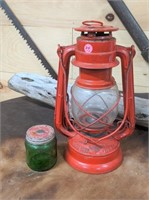 Vintage Winged Wheel Lantern and Green Vicks Jar