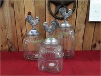 3-Pc Glass Canisters w/ Stainless Steel Rooster