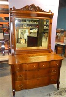 Oak Four Drawer Dresser with Beveled Mirror