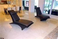 Pair of Brown Leather & Wood Lounge Chairs