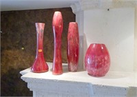 Set of 4 Red Painted Decorative Glass Vases