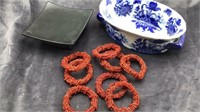 Oriental Bowl with Stand, 8 Beaded Napkin Rings