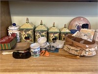 Rooster Ceramic Canisters, Basket, Assorted Items