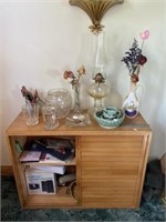 Wooden Storage Cabinet 32x12x24, Oil Lamp, Vase,