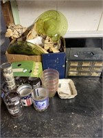 Green Plates, Assorted Glassware, Small Organizer