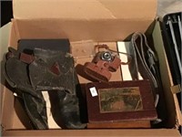 Vintage Childrens Boots, Camera, Rifle Cleaning