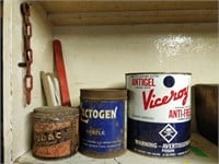 3 tins with nails, insulators , etc