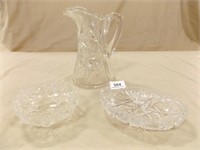Crystal Pitcher, Glass Relish Dishes (2)