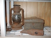 LANTERN, ROPE PULLEYS, AXE HEAD, WOOD CLAMPS