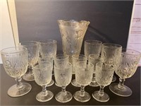 Glass Iris Herringbone vase & goblets