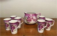 Antique Hand Painted Lemonade Pitcher & 7 Cups