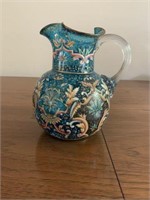 Hand Painted Blue Glass Pitcher