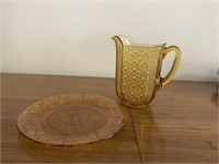 Antique Yellow Glass Pitcher & Plate