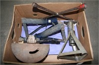 BOX OF JACK STANDS & TOOLS