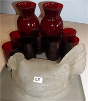 Ruby Glasses & Vase & Frosted Top Hen on Nest
