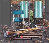 Assorted Lawn Tools & Folding Chairs