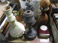 CANDLESTICKS, LEATHER-COVERED BOTTLE, MORE