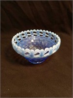 Fenton Blue Basketweave Basket Bowl Art Glass