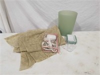 Drapes, soap dish, travel hair dryer, can, cup