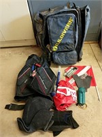 SCUBA diving vest, wetsuit jacket, flags, bag