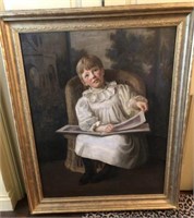 YOUNG VICTORIAN GIRL READING OIL ON CANVAS