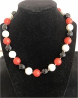 LOVELY LARGE PEARL, ONYX AND CORAL BEADS HAND