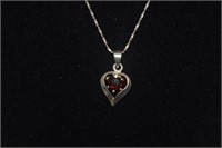 Sterling Silver Chain & Heart Pendant w/ Red Stone