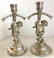 PAIR SILVERPLATE OVER HEAVY WHITE METAL CHERUB