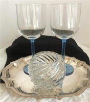 (2) CLEAR AND BLUE STEMMED CRYSTAL WINE GLASSES