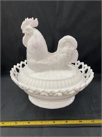 Milk Glass Rooster On Nest