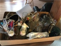 Box lot of trinkets, glasses & pens