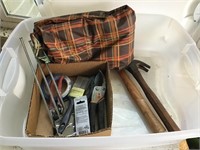 Tote w/ hammers, clippers & tape & table cloth