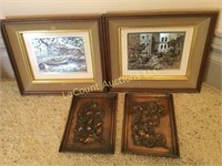 2 pair vintage pictures copper 3-d wall plaques