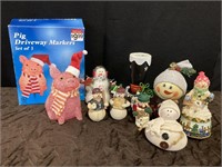 Pig Driveway Markers & Christmas Snowman Figures