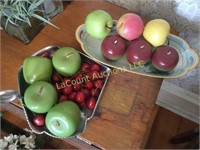 decorative wood apples, cherries in display bowls