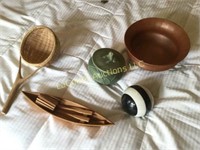 art bowls, marble ball wood canoe and wicker