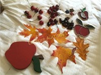 glass leaves, cherries, acorns art pieces