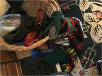 basket assorted hats, scarves doggie sweater