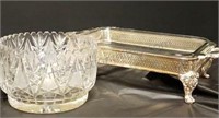 Silver tone footed casserole and lg glass bowl