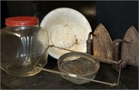Vintage jar, irons, bowl, strainer